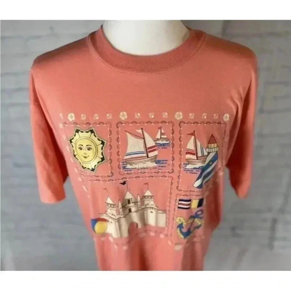 Endless Summer Beach Vintage 90’s T Shirt Sandcastle Sun Sailboat Peach size L - Picture 3 of 12